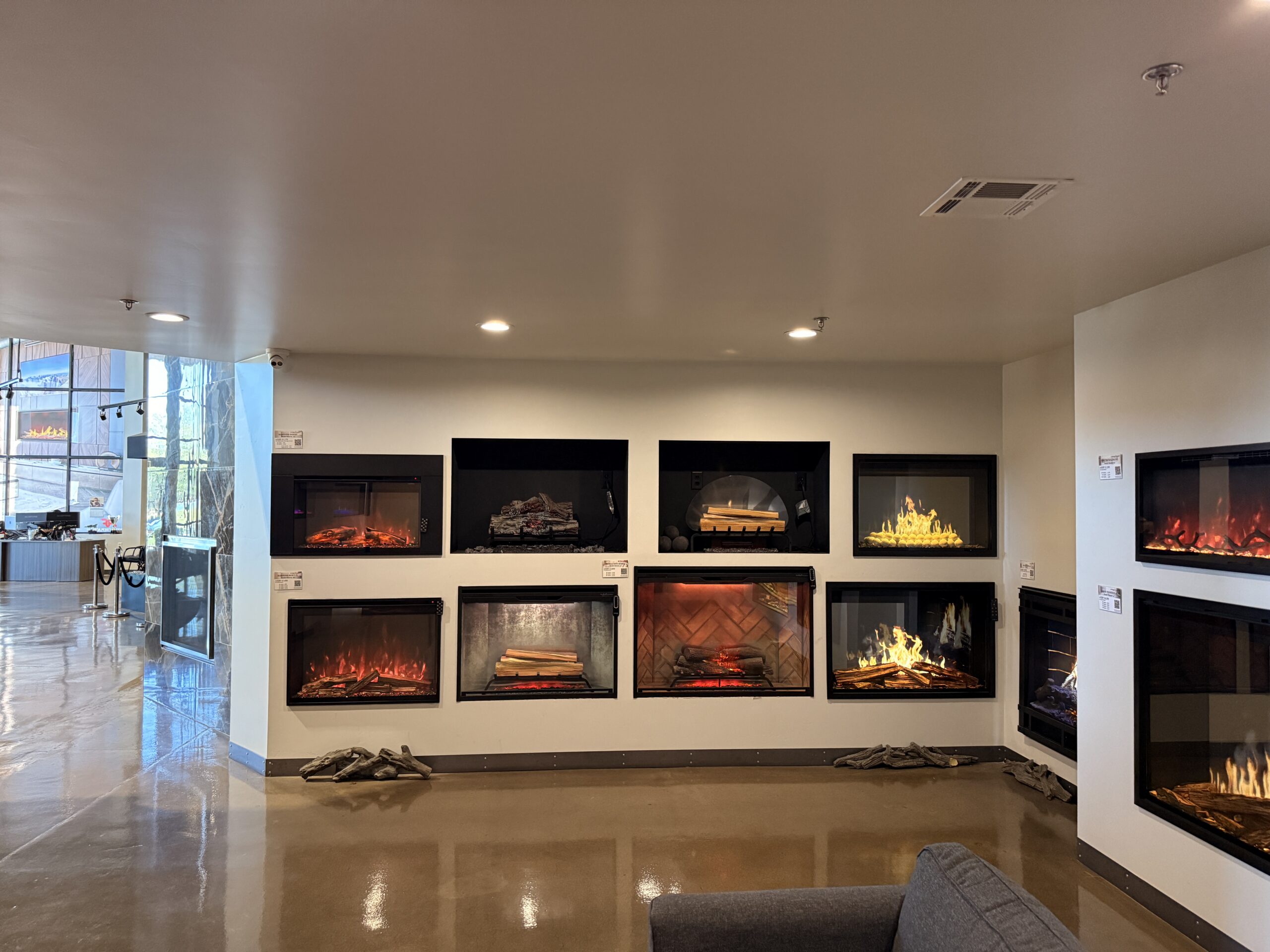 Fireplace detail on the showroom floor