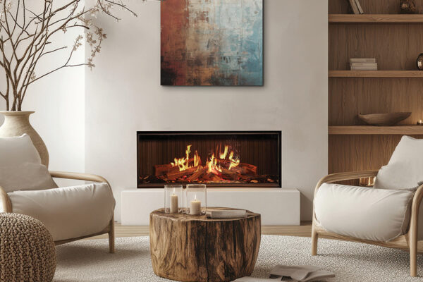Cozy modern living room warm lighting fireplace white walls Cozy modern living room, warm lighting, fireplace, white walls, wooden floors, minimalist furniture, armchairs, coffee table, decorative branches, built-in shelves, neutral color palette, hygge atmosphere, Scandinavian design, textured vase, candles, natural elements, soft textures, intimate space, architectural details, clean lines, ambient glow, inviting interior
