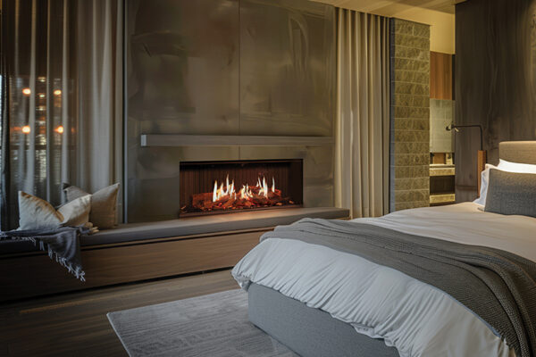 A bedroom with a large bed and a fireplace