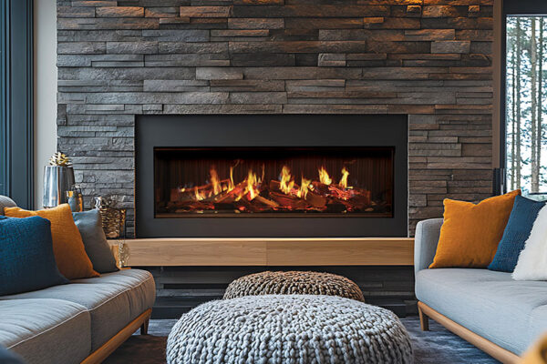 A cozy modern living room with a large fireplace and comfortable seating
