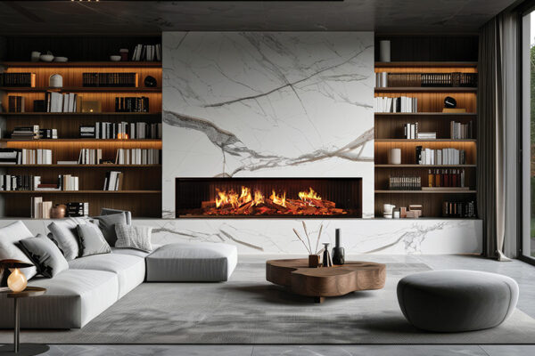 living room, marble wall fireplace and stylish bookcase to the ceiling in a chic expensive interior of a luxurious country house with a modern design with wood and led light, gray furniturÑƒ --ar 16:9 Job ID: 30267619-dfe1-4e4a-95e7-8018ce6ad878