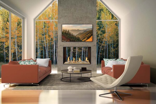 Interior with yellow sofas and fireplace 3D rendering