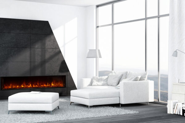 Contemporary white living room interior with fireplace